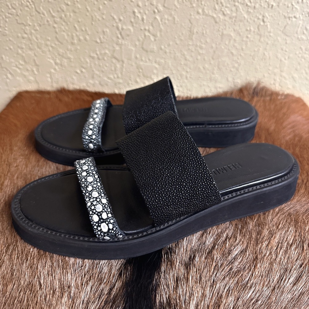 Helmut Lang 37 Stingray Diazo Double-Band Slides Black Leather‎ Embellished